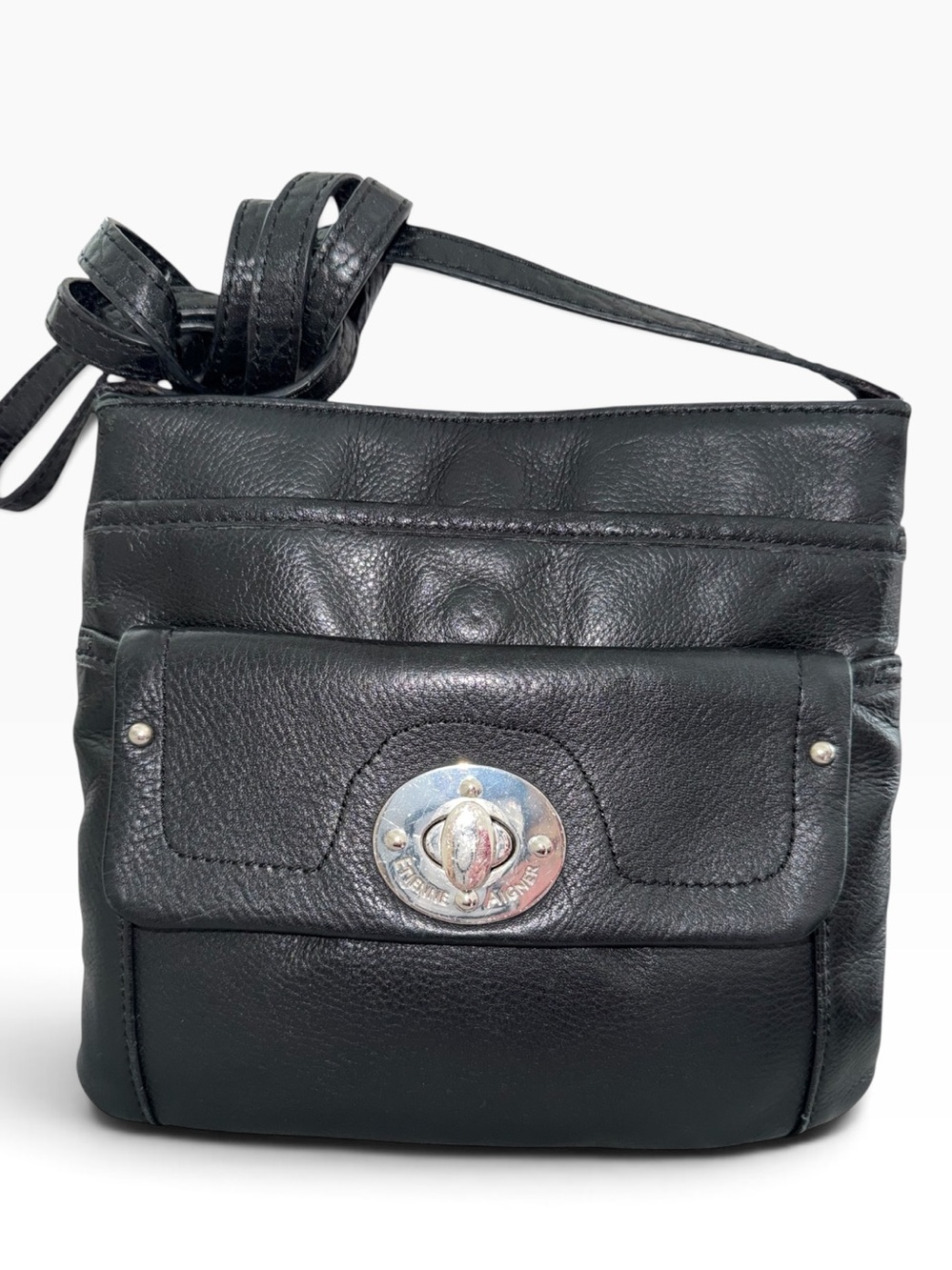 Etienne Aigner Black Leather Crossbody with Turn-Lock Front Pocket